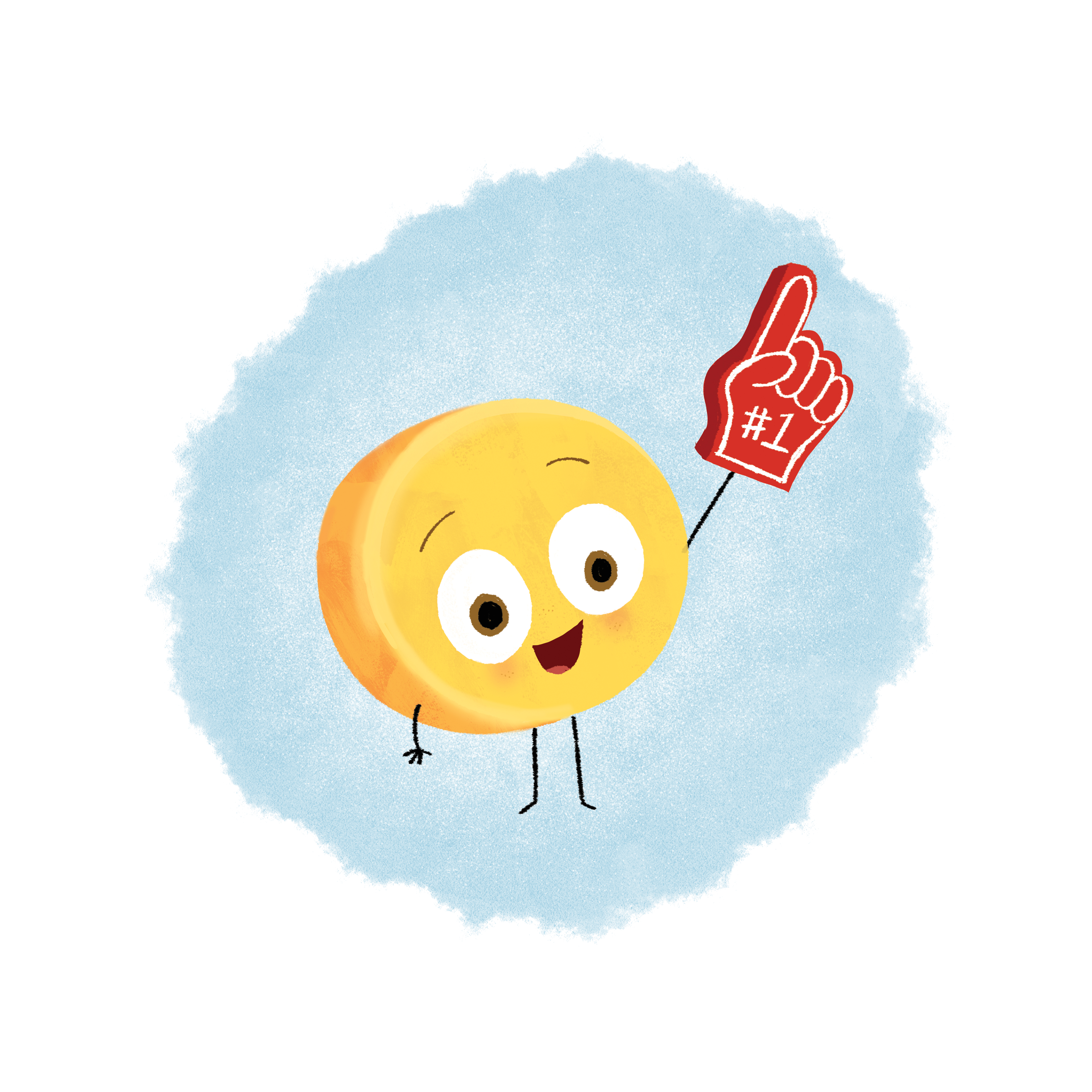 Cartoon Cheese Wheel pointing a red foam finger