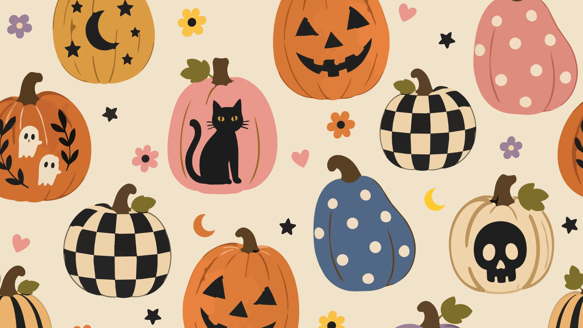 Fun styles of pumpkins and a black cat, and a few ghosts