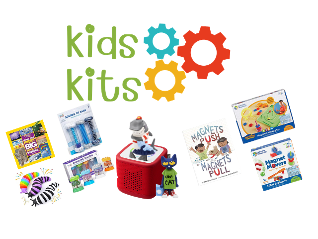KIDS Kits name with 3 colored gears. A variety of colorful toys and books are shown.