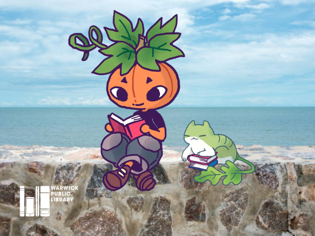 pumpkin teen and a cat sittign on a wall by the ocean