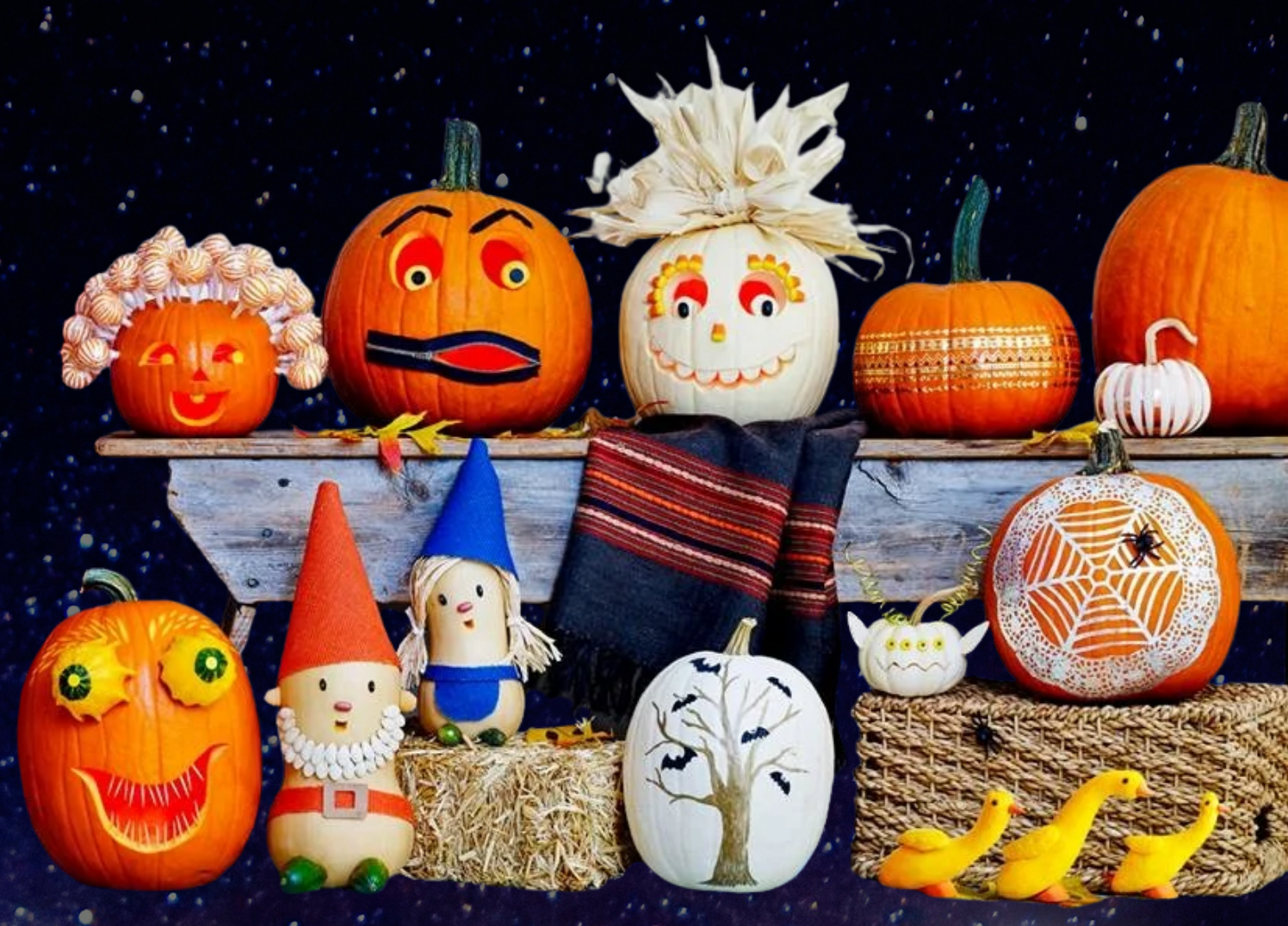 A variety of painted decorated Halloween pumpkins in a photo