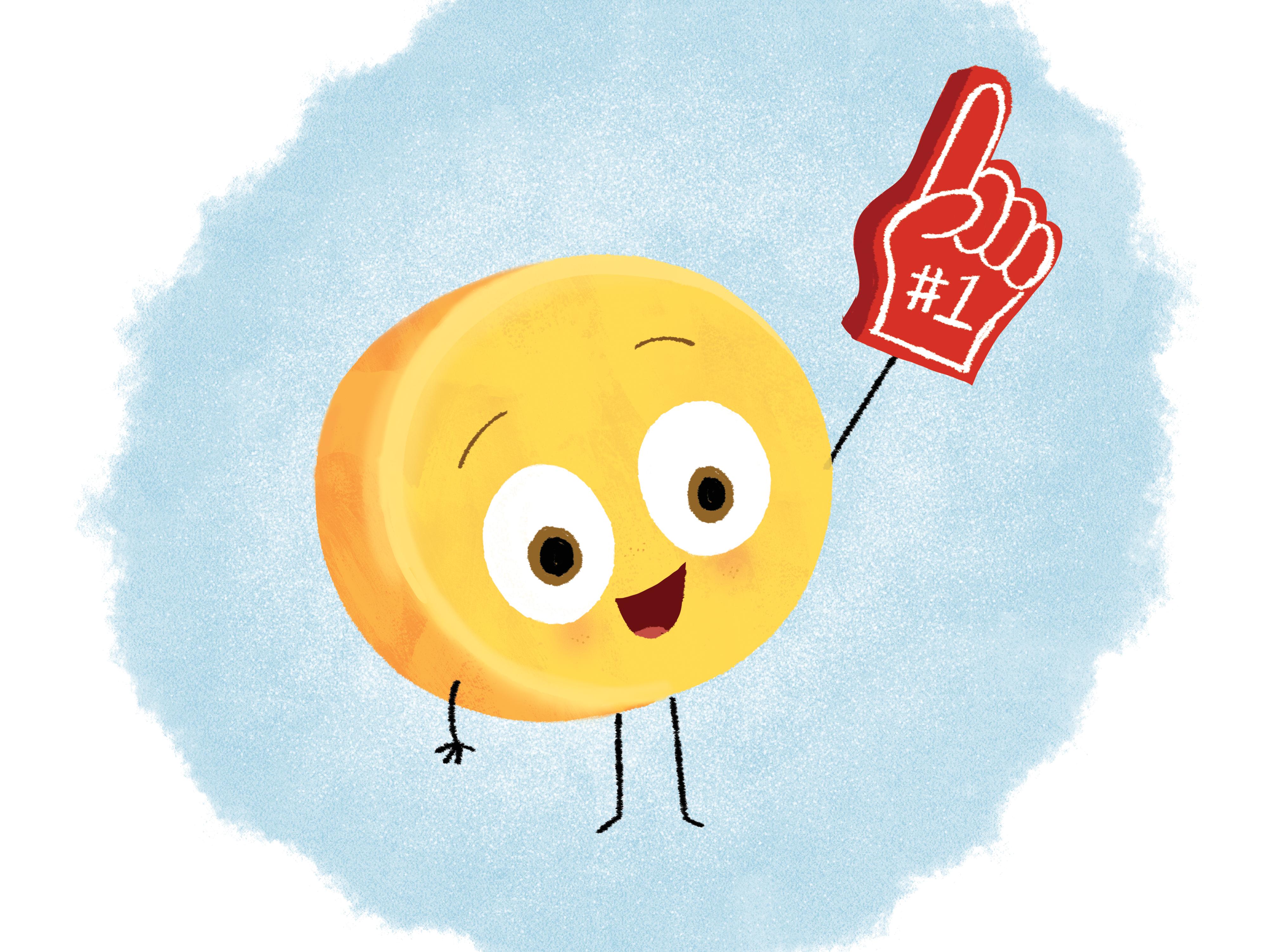 Cartoon Cheese Wheel pointing a red foam finger