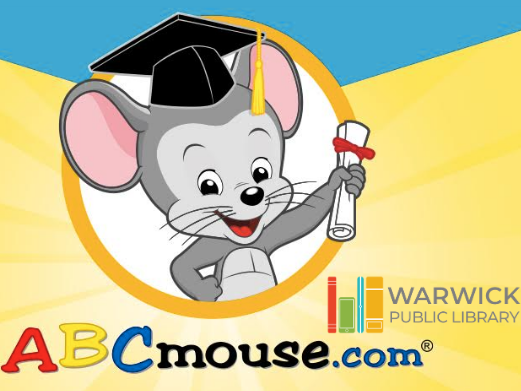 ABC mouse.com Home access poster with a Cartoon Mouse and the Warwick Public Library LOGO