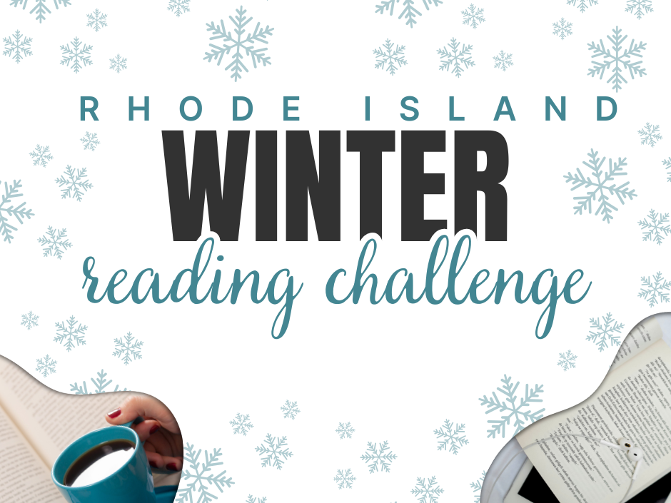 Rhode island Winter Reading Challenge logo with snowflakes, mug, book pages, ipad, and headphones.