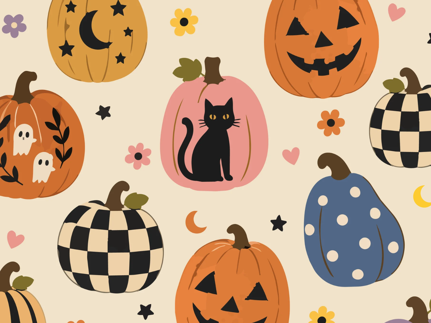 Fun styles of pumpkins and a black cat, and a few ghosts