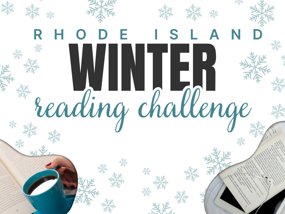Picture of Poster of Winrer Reading Challenge Features a cup of Coffee and a book page with snowflakes in the background