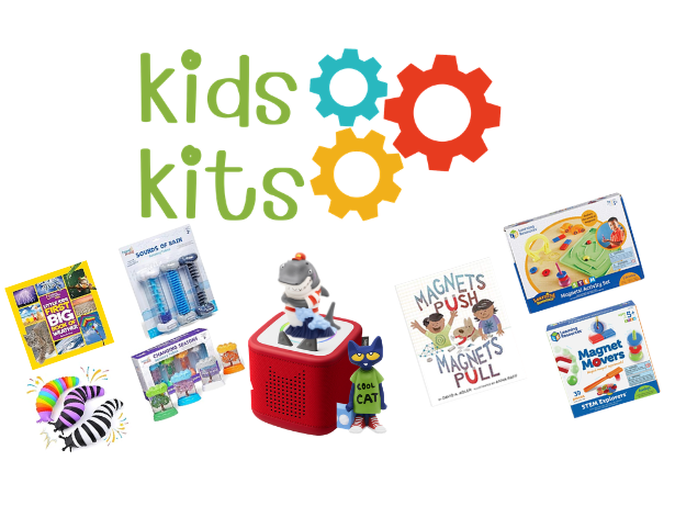 KIDS Kits name with 3 colored gears. A variety of colorful toys and books are shown.
