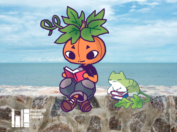 pumpkin teen and a cat sittign on a wall by the ocean