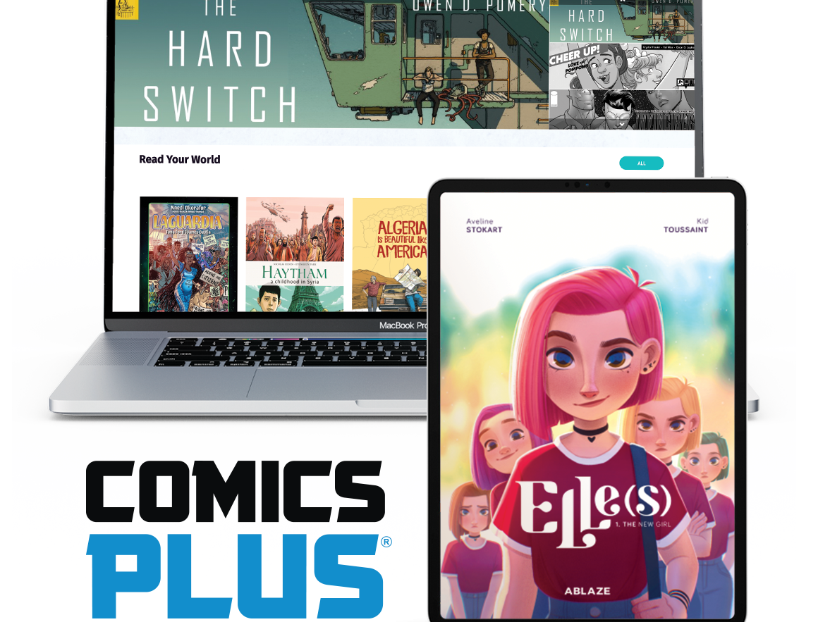 comic plus logo with laptop and ipad