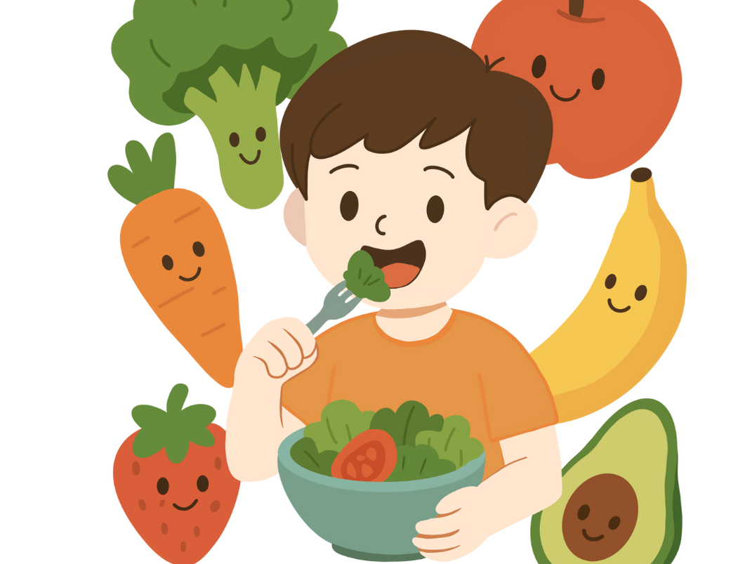Cartoon Child eating a salad with fruits and vegetable around them.