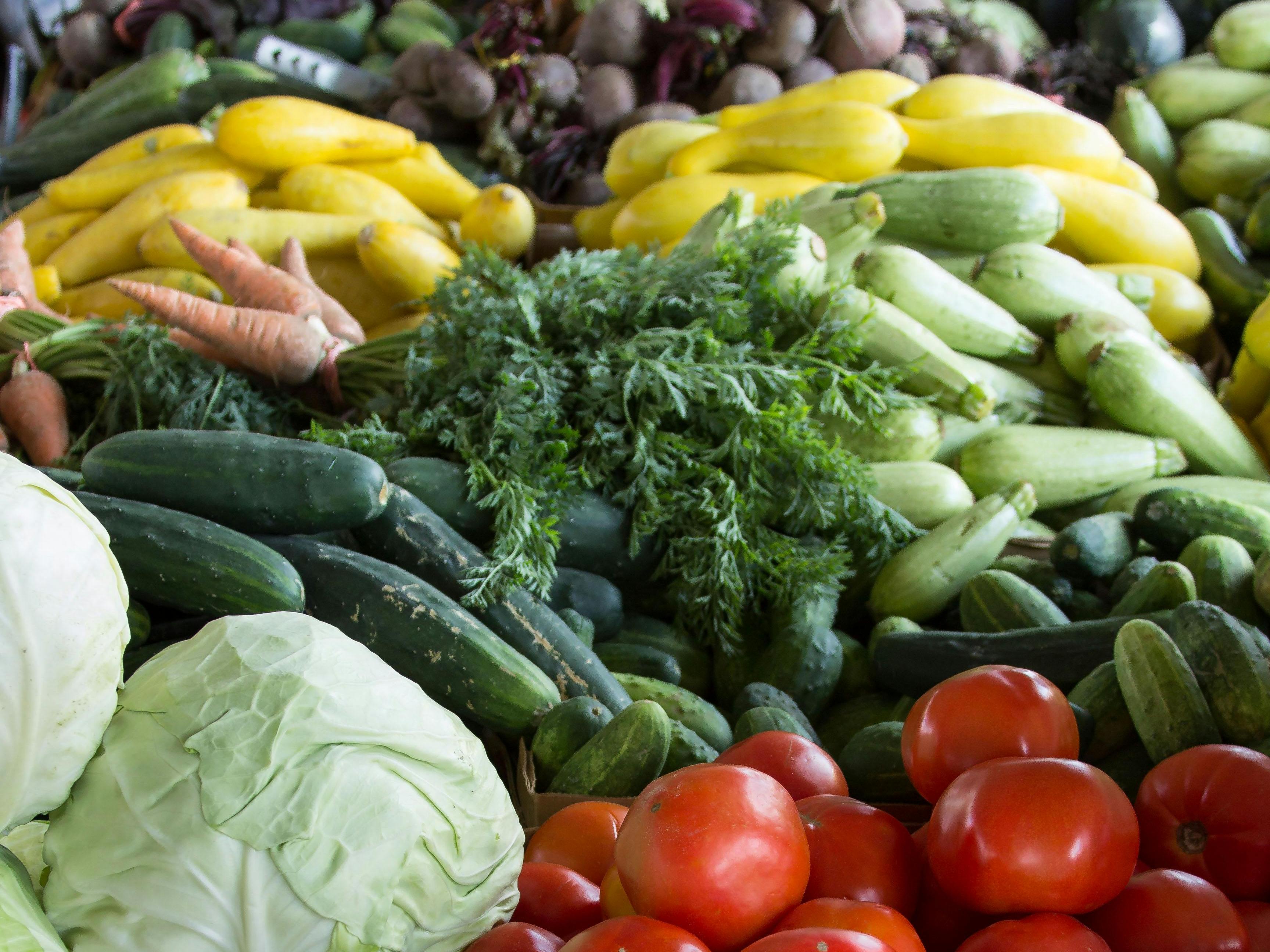 Beets, Cabbage, Carrots, Cucumbers, Onions, Squash, and Tomatoes