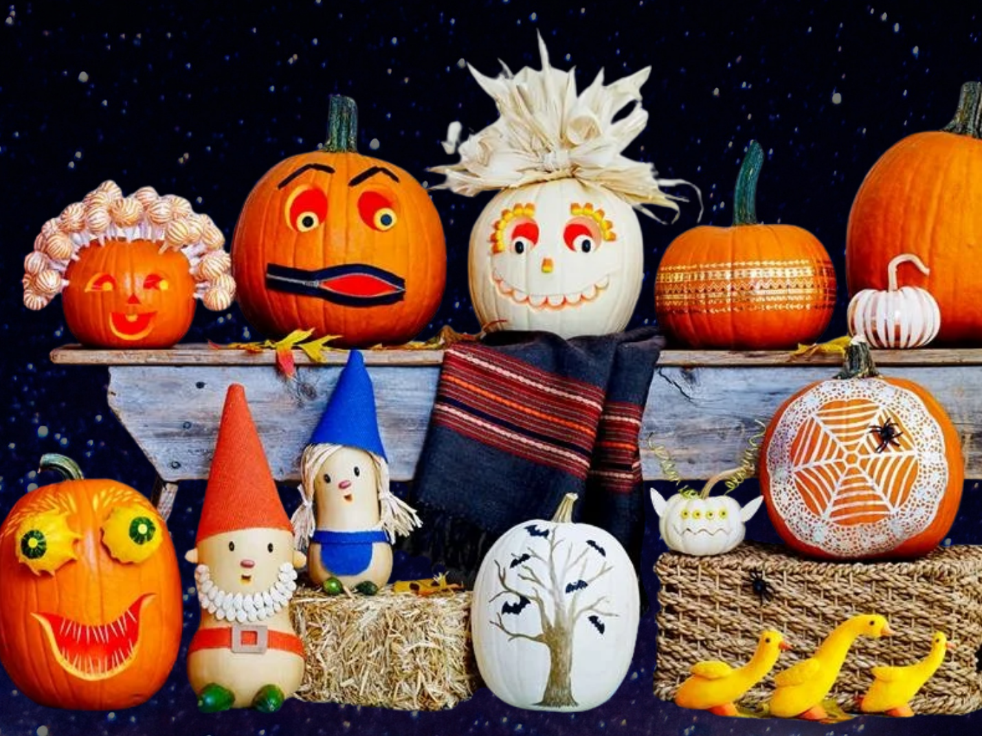 A variety of painted decorated Halloween pumpkins in a photo