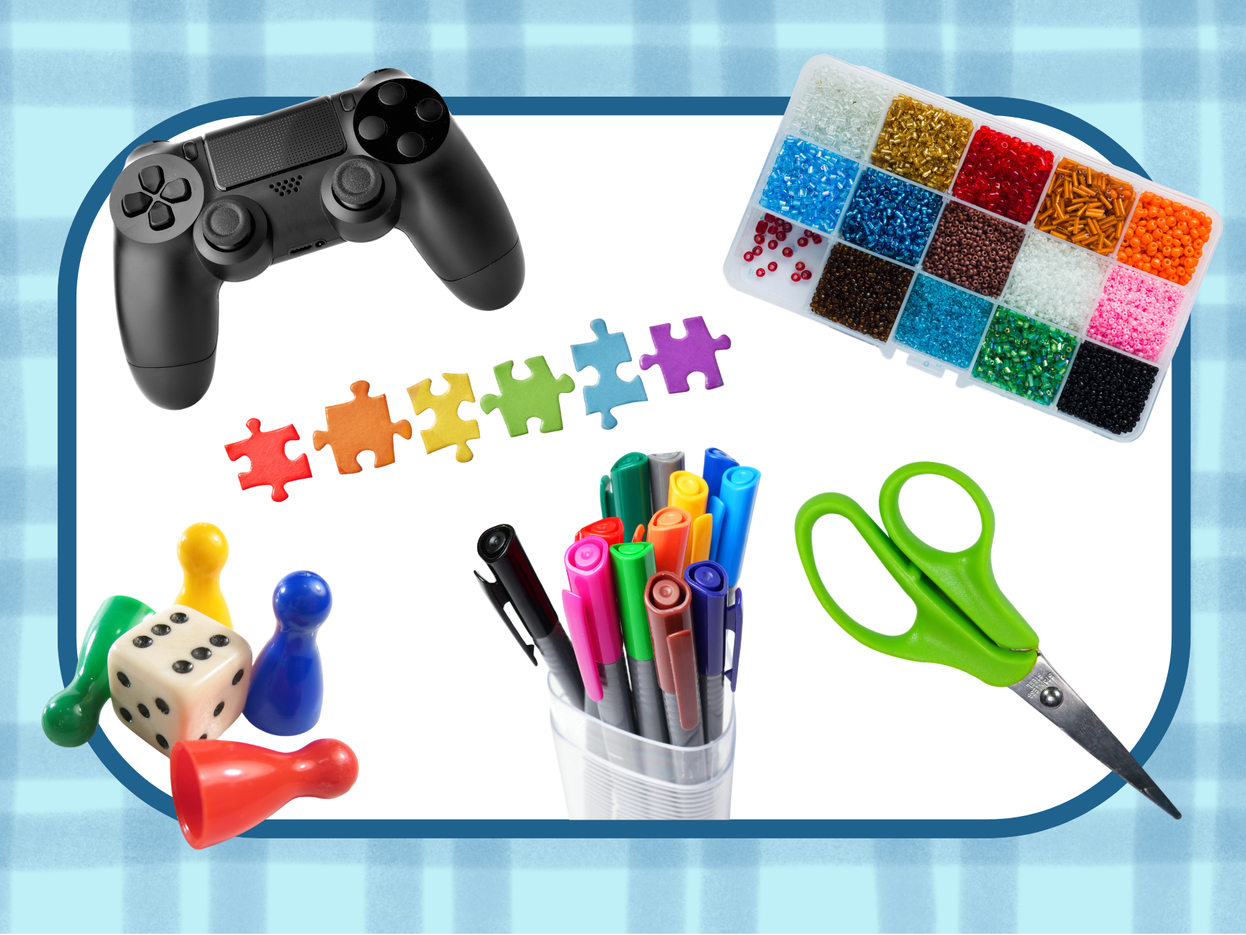 gaem controller, scissors, beads, game pieces, and markers